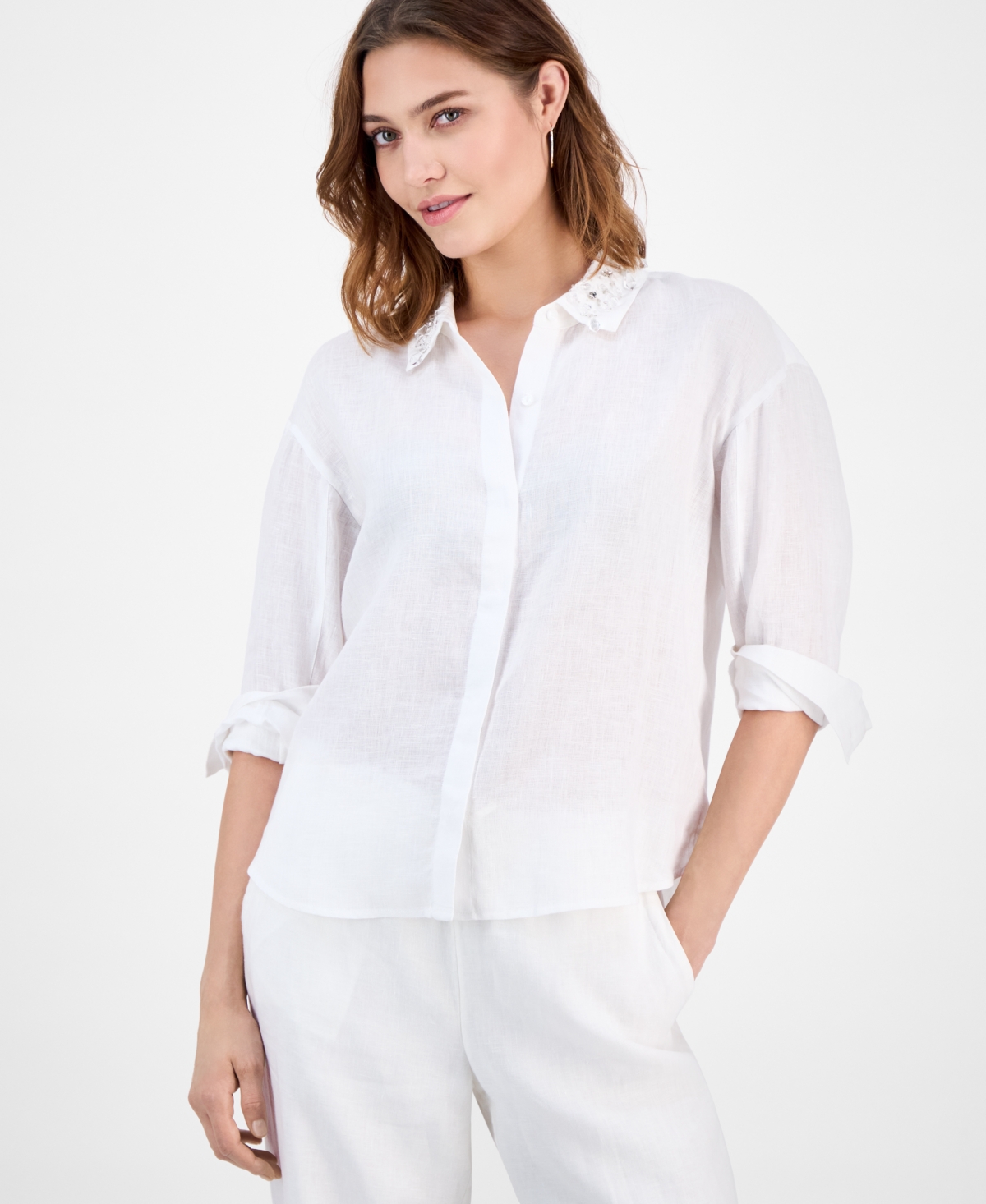 Charter Club Women's Embellished-collar 100% Linen Shirt, Macy's Exclusive In White