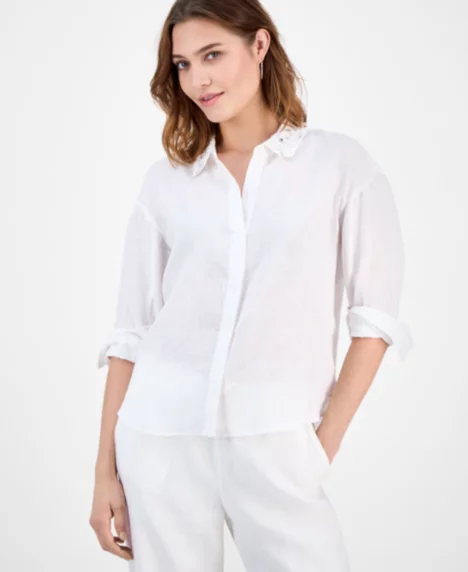 Petite Beaded Collar Button-Front Shirt - Bright White
