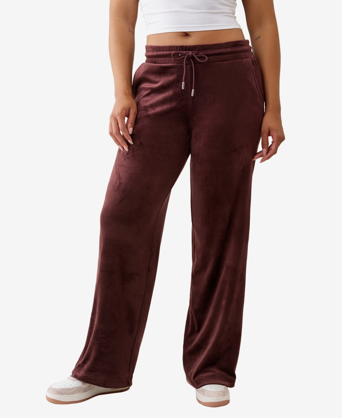 True Religion Rhinestone Velour Straight Leg Drawstring Pants In Burgundy