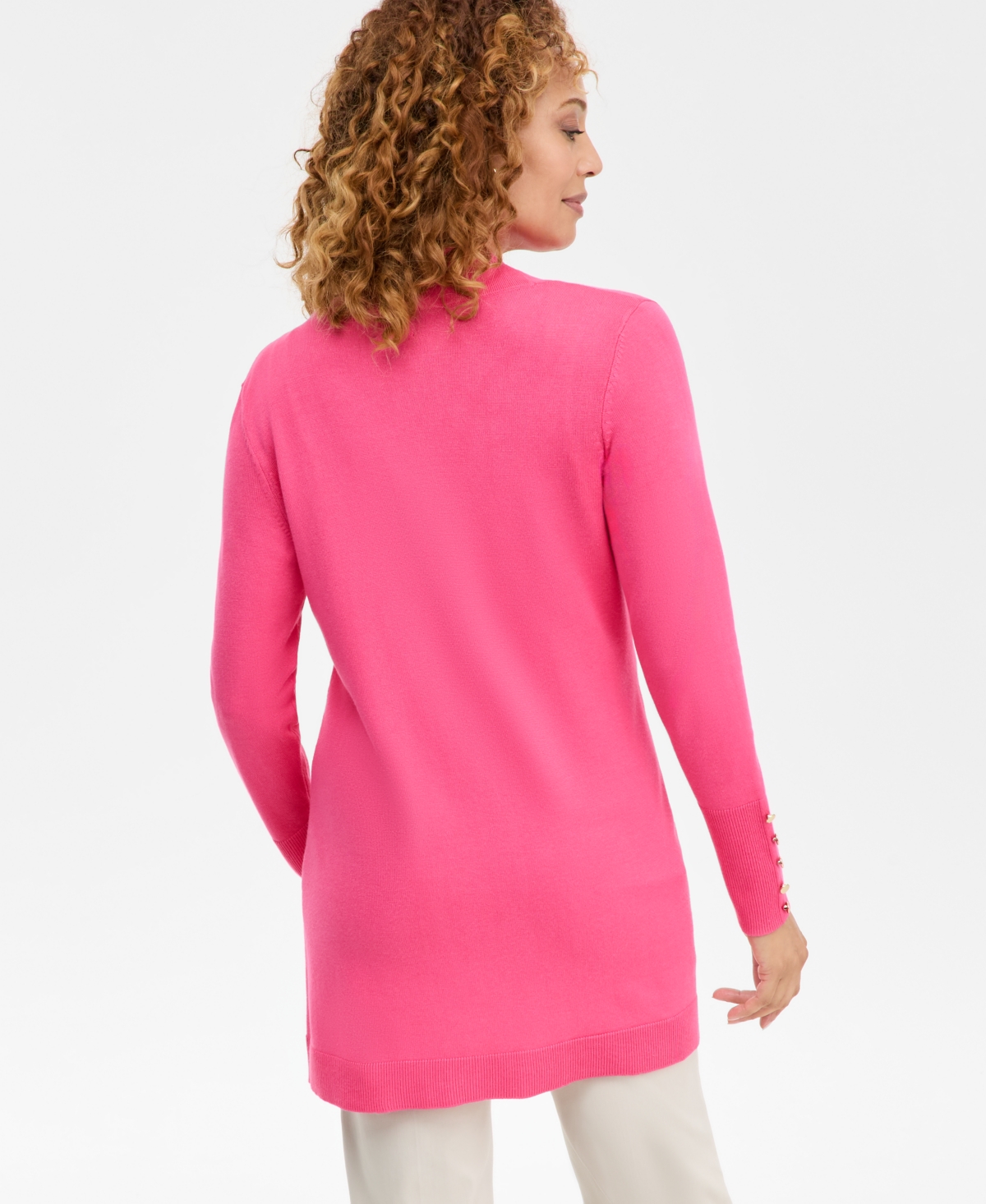 Jm Collection Petite Open-front Button-cuff Cardigan Sweater In Pink