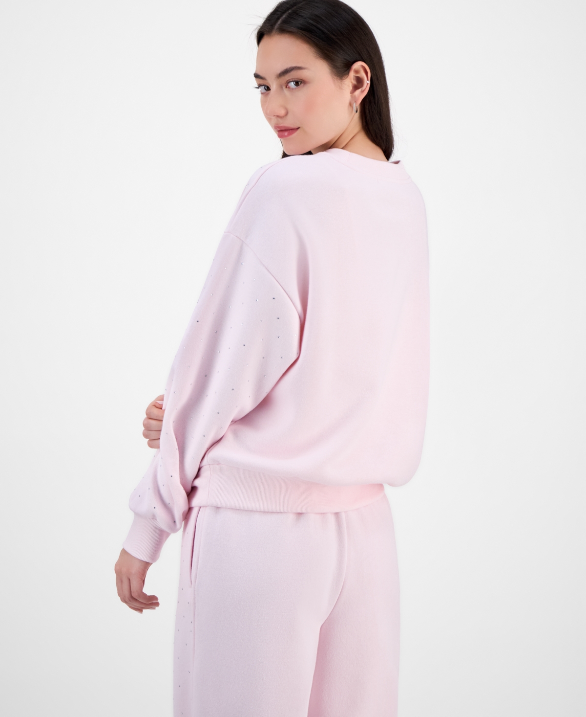 Madden Girl Juniors' Rhinestone-front Wide-leg Sweatpants In Pink