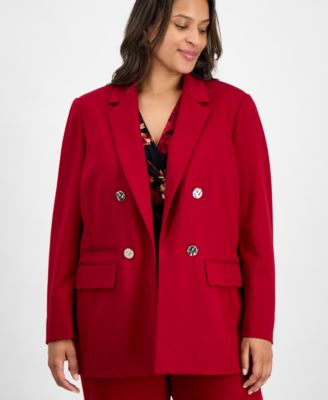 Plus Size Open-Front Blazer, Printed Sleeveless Faux-Wrap Top & Pull-On Wide Leg Pants