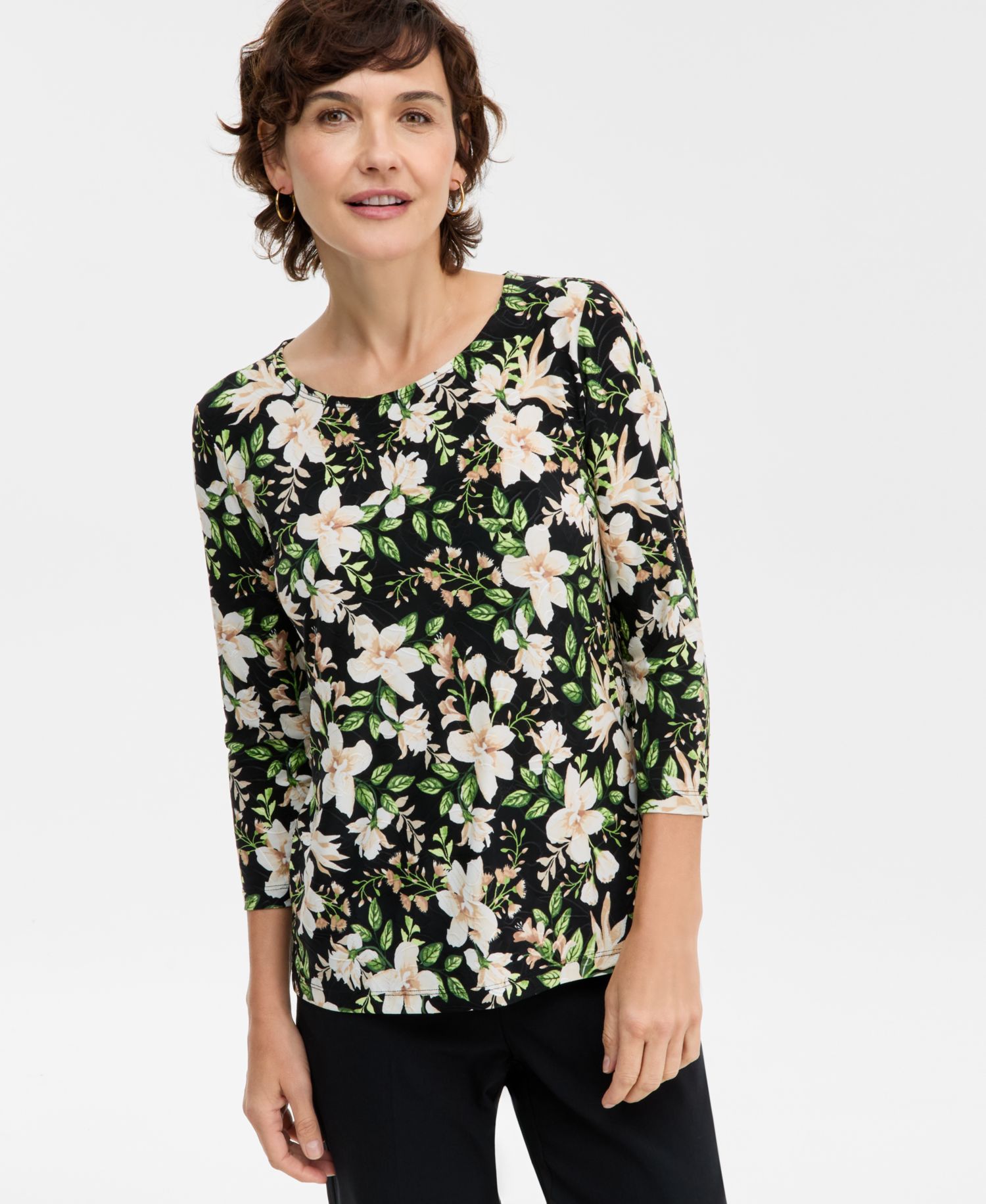 Women's Floral Bouquet Jacquard 3/4-Sleeve Top