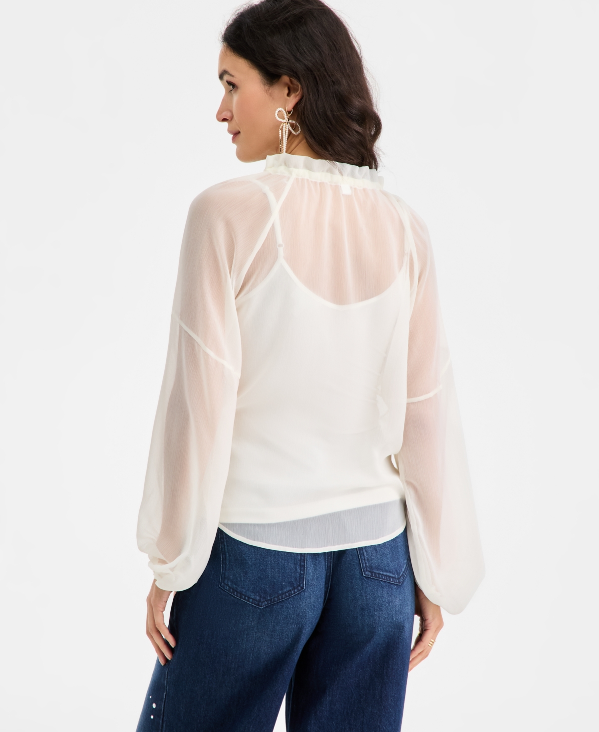 On 34th Women's Blouson-sleeve Split-neck Button-front Blouse, Macy's Exclusive In White