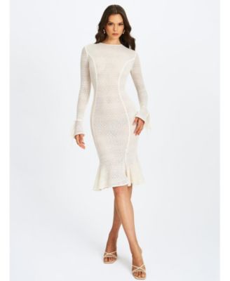 Women's Pamina Beige Crochet Long Sleeve Midi Flare Mermaid Dress