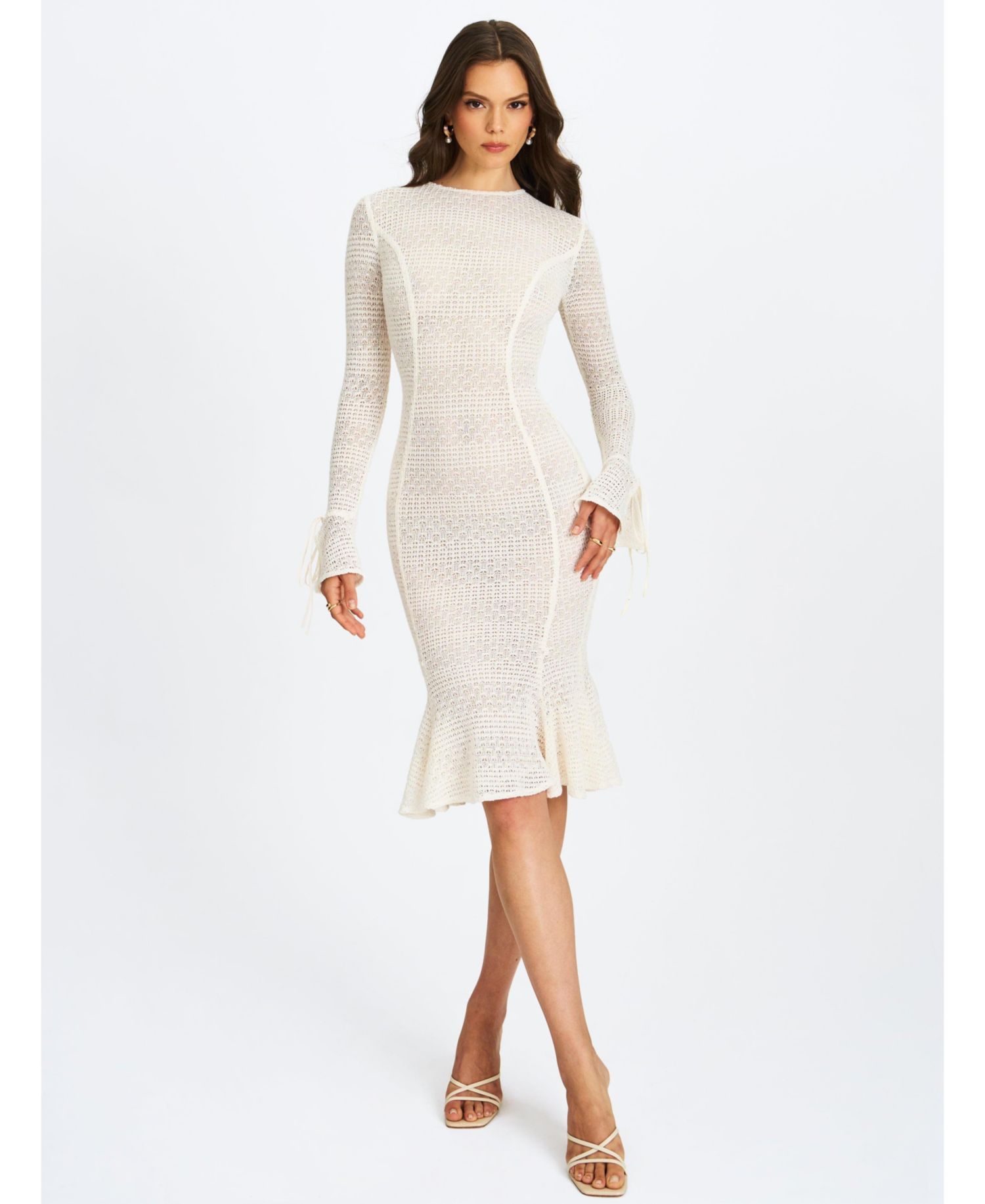 Women's Pamina Beige Crochet Long Sleeve Flare Mermaid Dress
