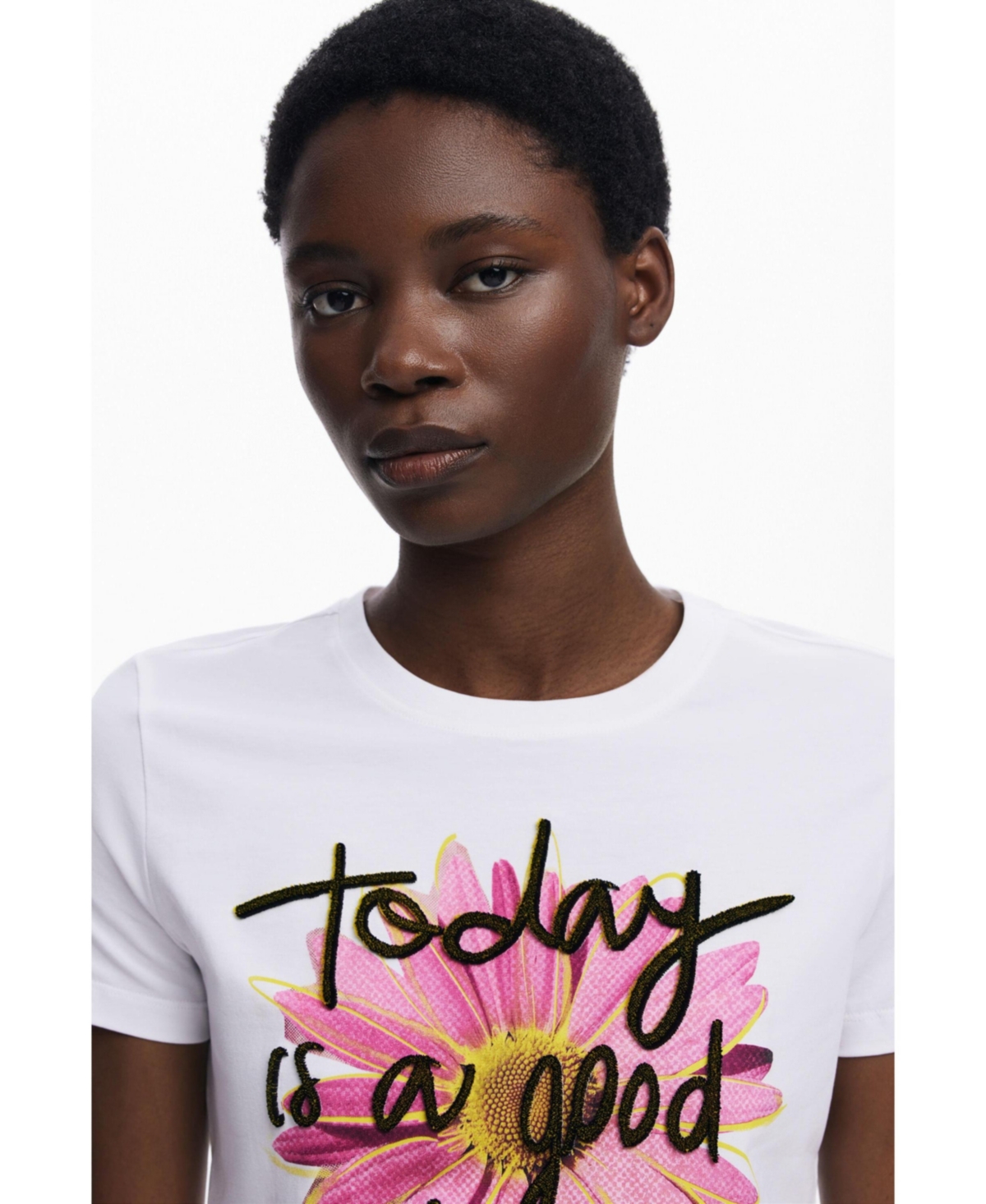 Desigual Stretch Cotton Graphic T-shirt In White