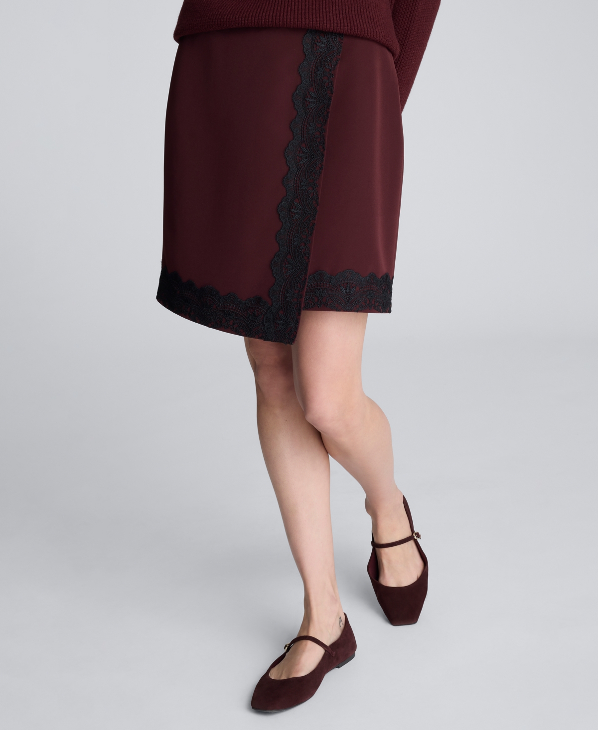 Kenneth Cole Luxe Twill Faux Wrap Mini Skirt With Lace Trim In Brown