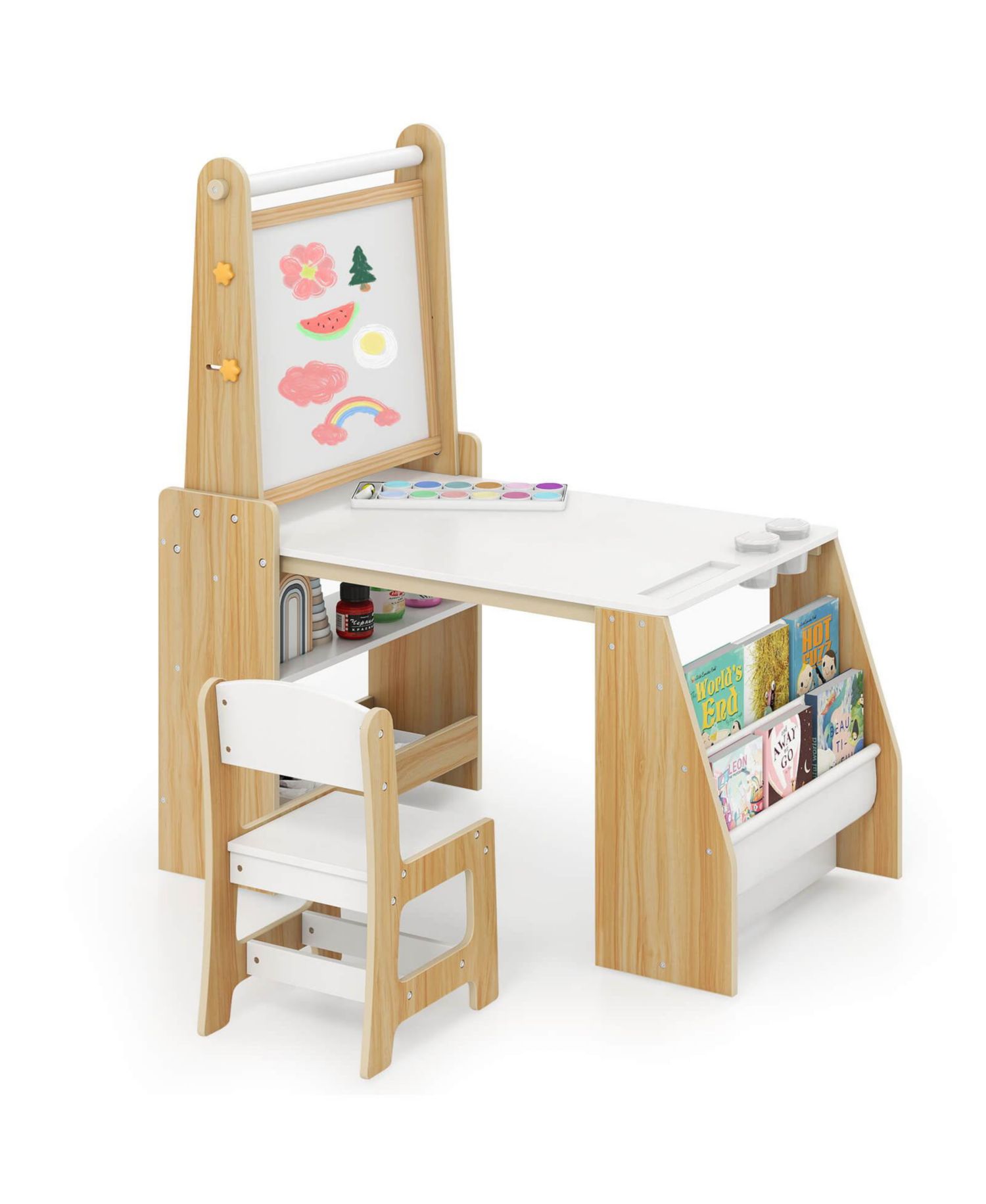 Kids Art Table and Chair Set with Easel Whiteboard Chalkboard Paper