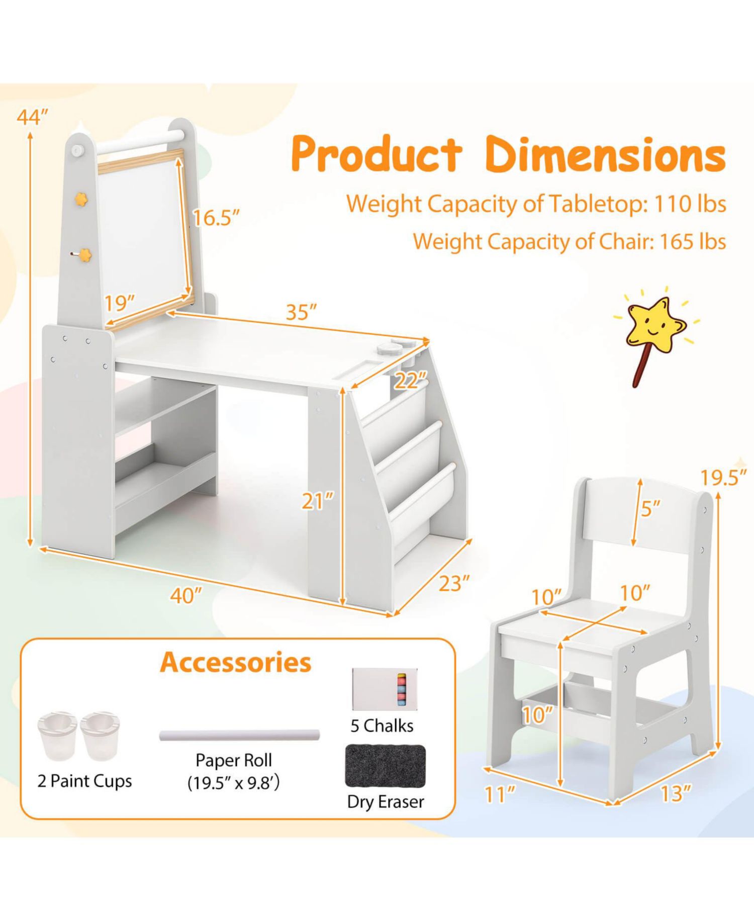 Kids Art Table and Chair Set with Easel Whiteboard Chalkboard Paper