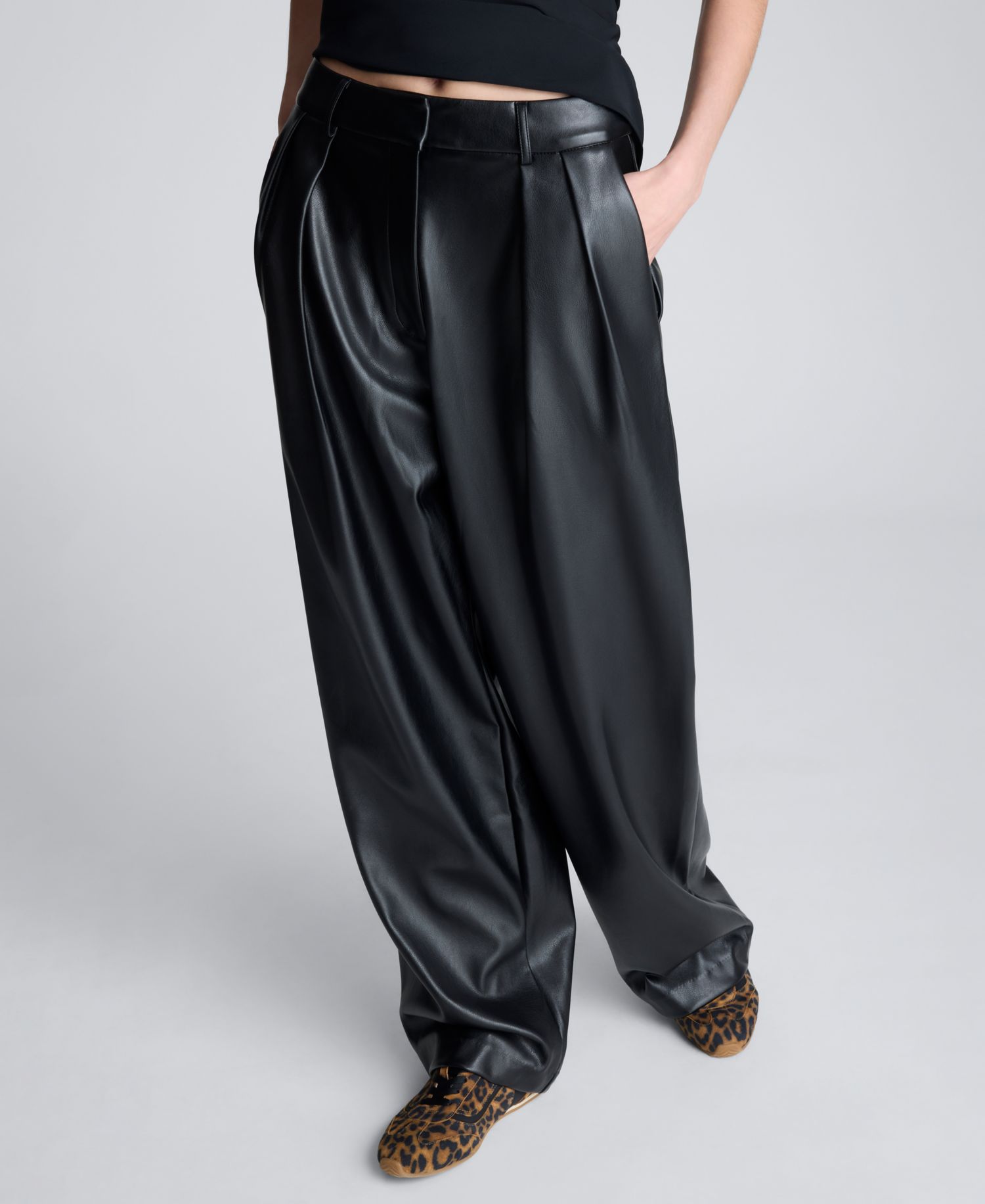 Women's Double Pleat Faux Leather Wide Leg Pants