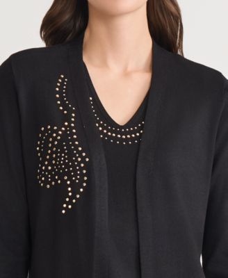 Women's Stud-Embellished Kissing-Front Long-Sleeve Cardigan