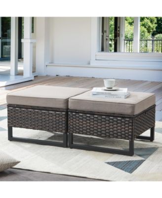 U-Frame PE Wicker Outdoor Ottoman with Olefin Cushions Set Of 2