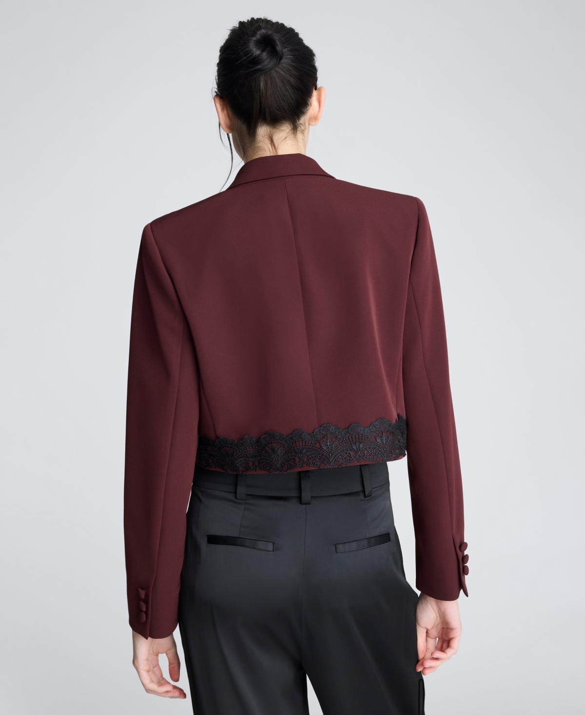 Kenneth Cole Luxe Twill Fitted Cropped Blazer With Lace Trim In Brown