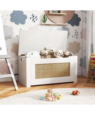 31.5" Toy Chest for Kids Rattan Toy Storage Box with Flip Top Lid & Safety Hinge