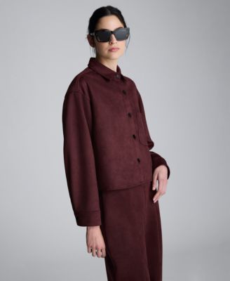 Women's Faux Suede Long Sleeve Collared Crop Shirt