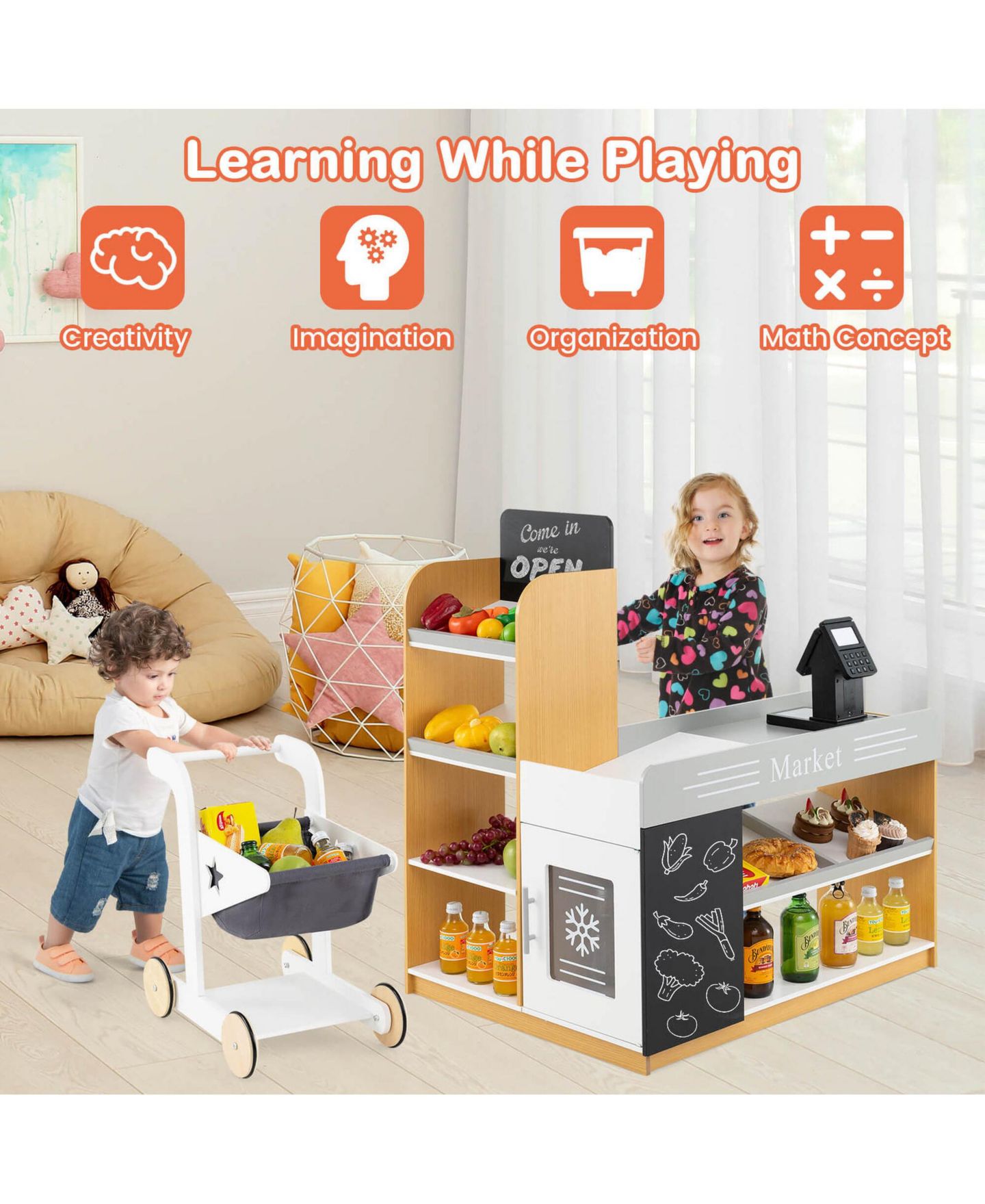 Детская игрушка Costway Kids Grocery Store with Shopping Cart Cash Register Scanner, цвет: Assorted Pre-Pack — фото 6