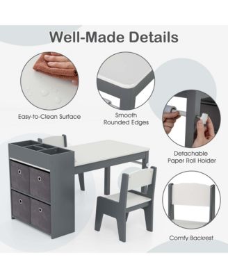 Kids Art Table &amp; Chairs Set with Paper Roll Wooden Craft Study Desk Active Play