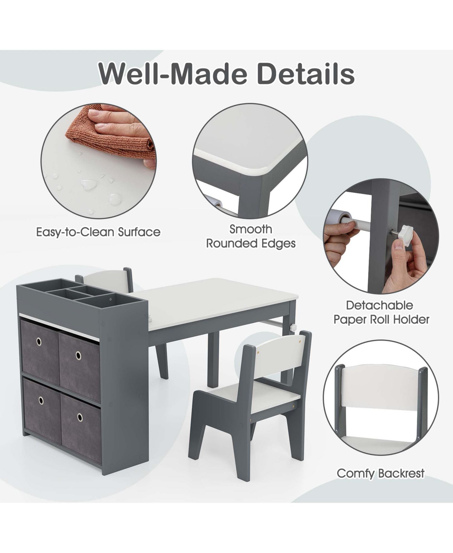 Paper Roll Activity Table with Storage for Ages 3+, Table and Chairs, 3-Piece Set