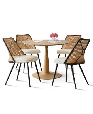 5-Piece 39.5" Round Dining Set with Wood-Look Pedestal Table and 4 Faux Rattan Dining Chairs with Upholstered Seats and Metal Legs-Maison Boucle