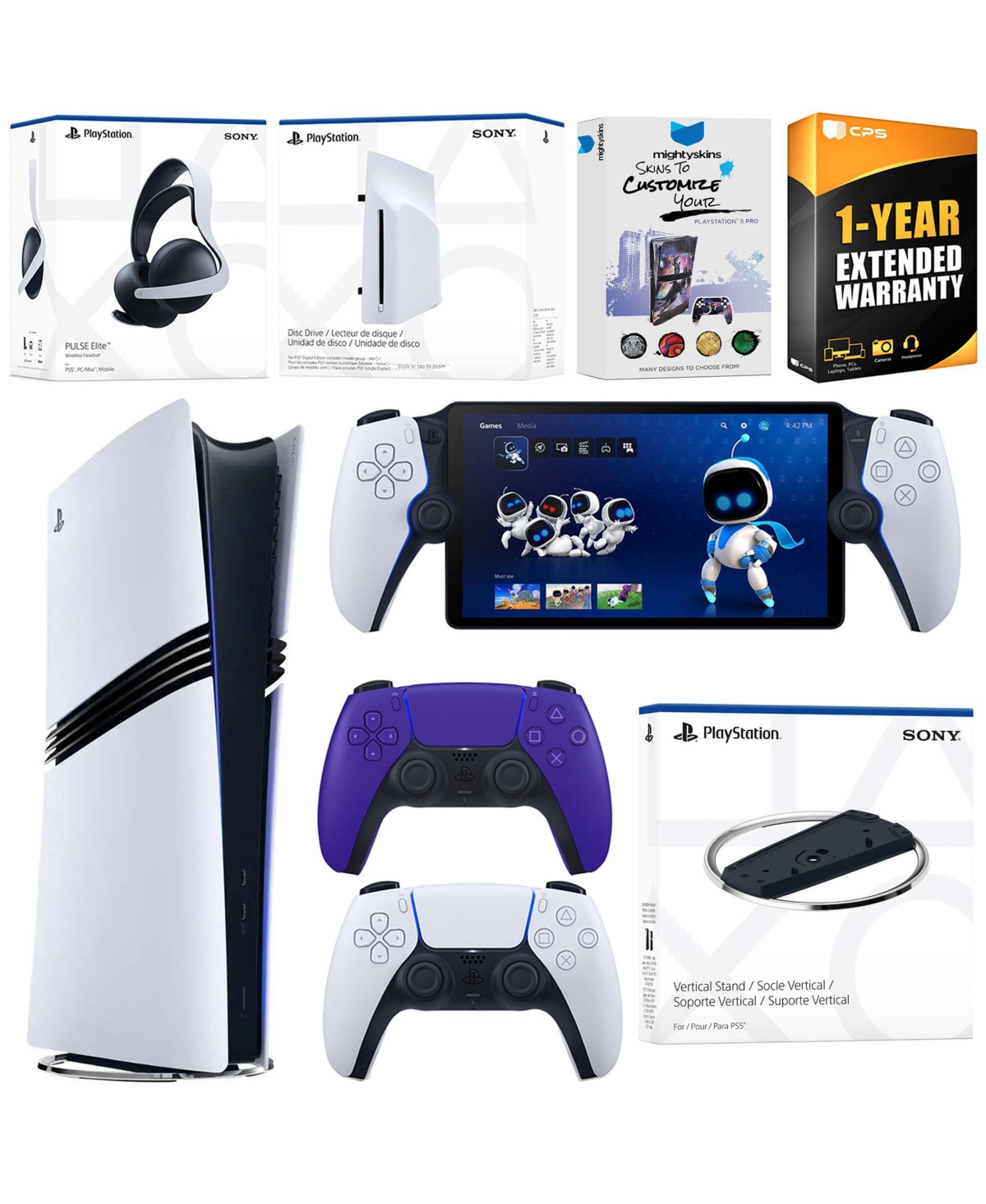 Sony PS5 Pro Digital Bundle: Disc Drive, Stand, Extra Controller, Pulse Elite Headset, Portal, Skins Voucher. - Galactic purple