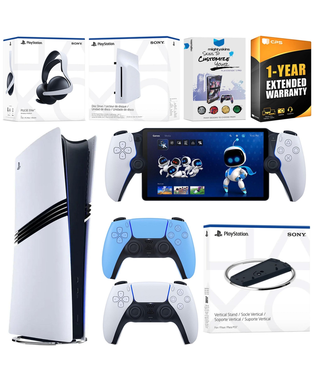 Sony PS5 Pro Digital Bundle: Disc Drive, Stand, Extra Controller, Pulse Elite Headset, Portal, Skins Voucher. - Starlight blue