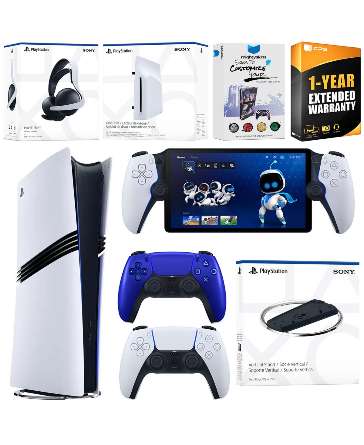 Sony PS5 Pro Digital Bundle: Disc Drive, Stand, Extra Controller, Pulse Elite Headset, Portal, Skins Voucher. - Cobalt blue