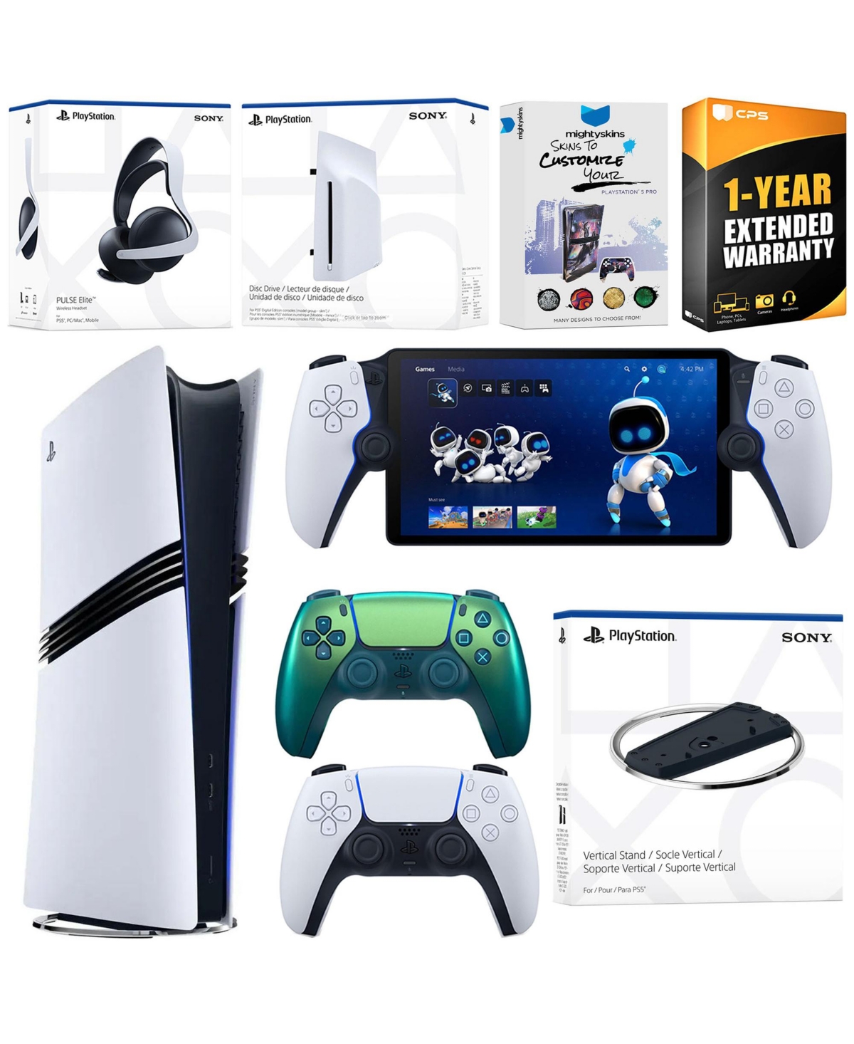Sony PS5 Pro Digital Bundle: Disc Drive, Stand, Extra Controller, Pulse Elite Headset, Portal, Skins Voucher. - Chroma teal