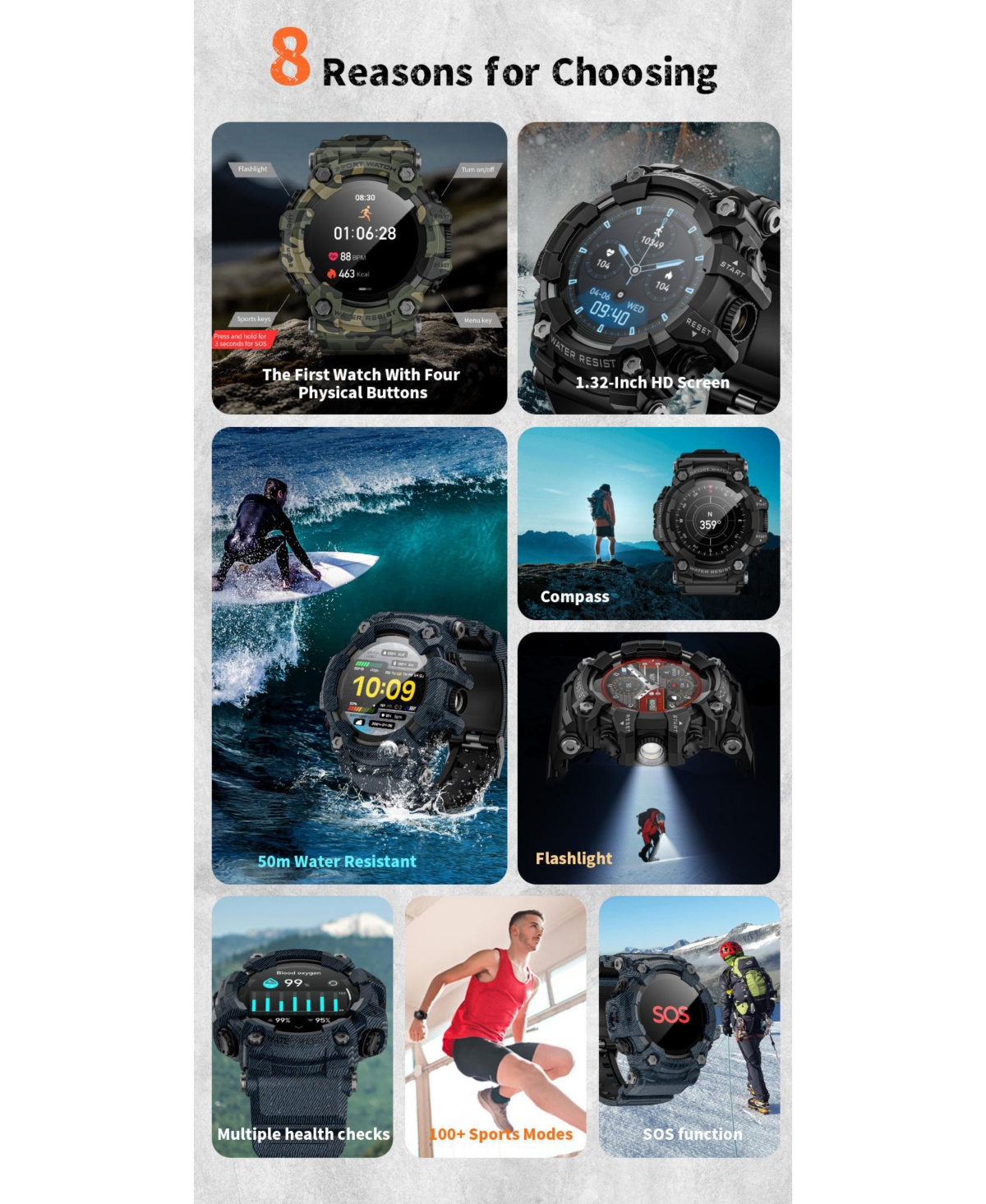 Ruxing smart Smart watch Bluetooth Call Handheld Flashlight Sos Diffused Light Compass-black