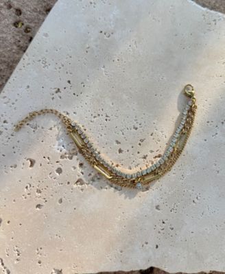 Tarnish Resistant Gold Crystal Layered Tennis 3-Chain Bracelet