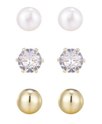 Gold Freshwater Pearl Stud, Ball and Solitaire Earrings Set