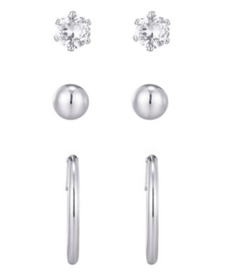 Silver Hoop, Solitaire and Ball Stud Earrings Set