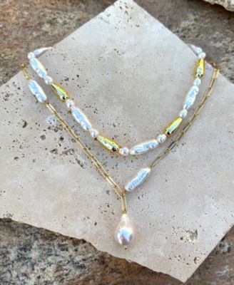 Gold Beaded Faux Cultivated Pearl Layered Lariat Necklace