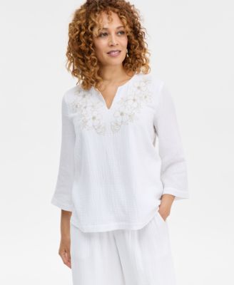 JM Collection - Women's Cotton Beaded Gauze Top