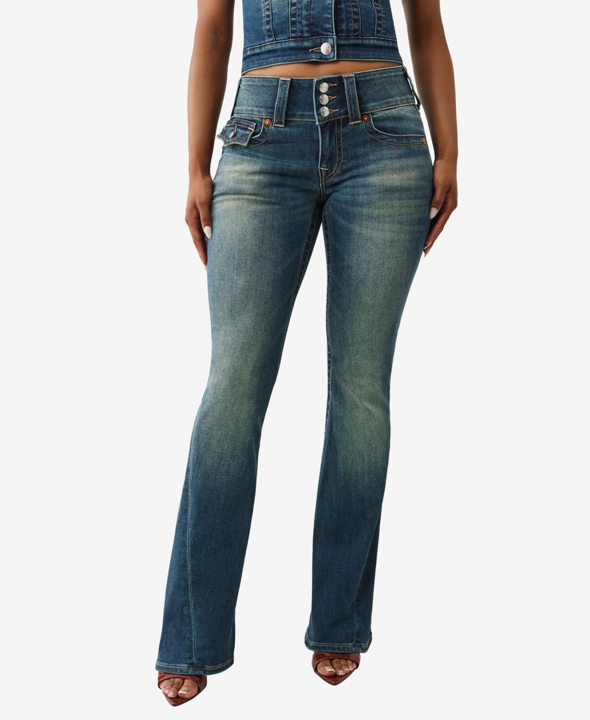 True Religion Women's Y2k Joey Flare Mid Rise Flap Jeans In Blue