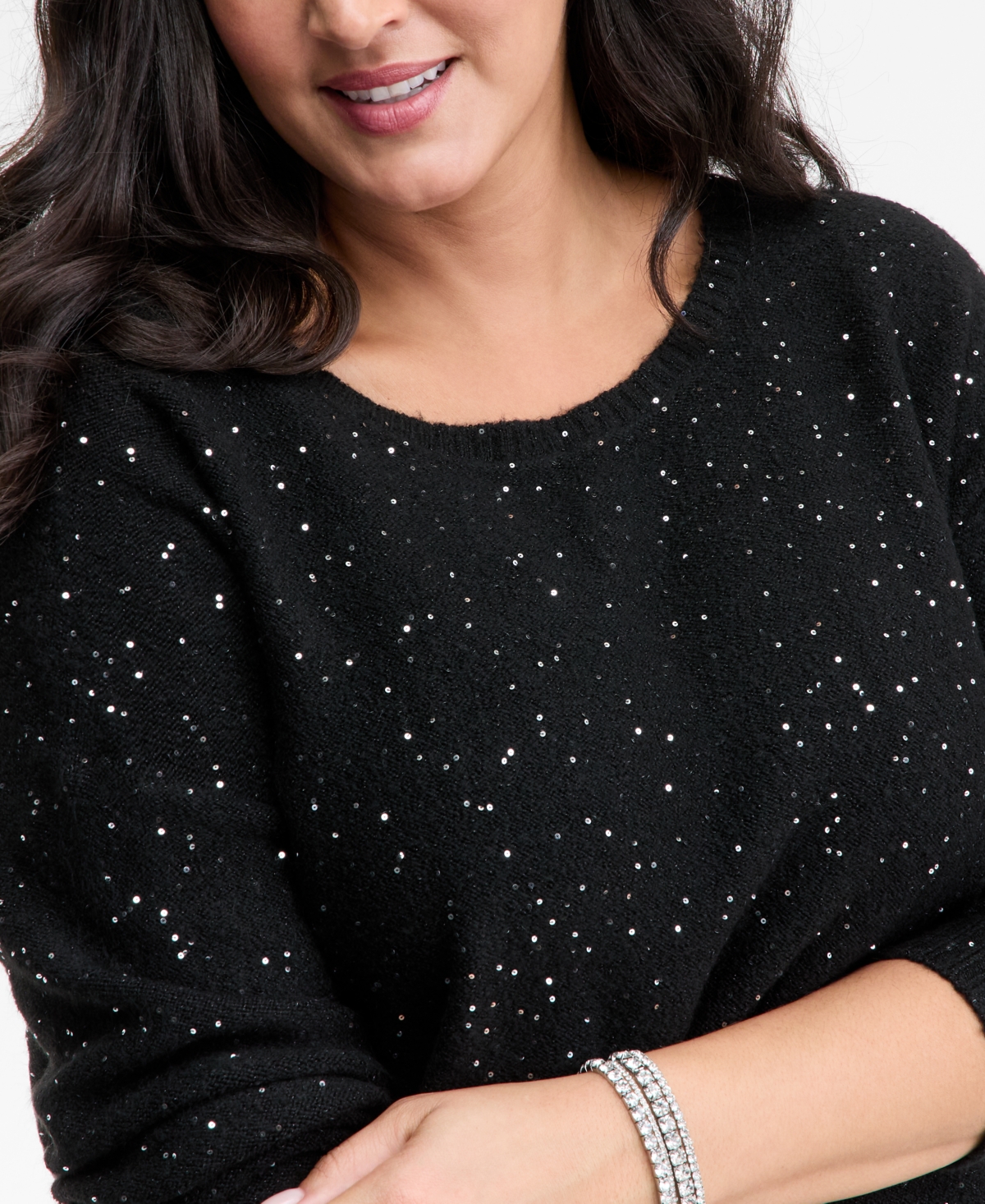 Inc International Concepts Plus Size Roving Sequin Boat-neck Tunic Sweater, Macy's Exclusive In Black