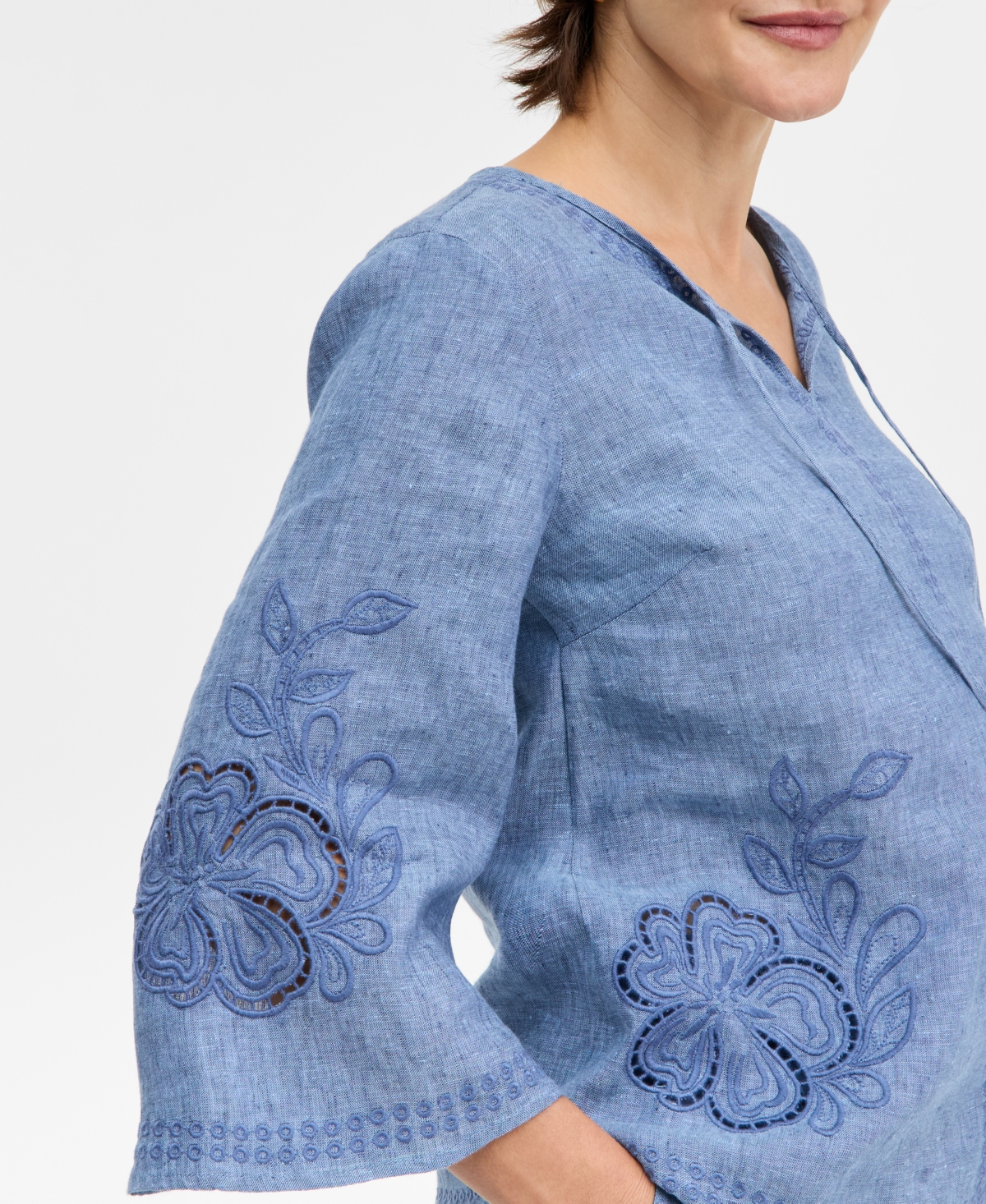 Charter Club Women's Embroidered 100% Linen Split-neck Tunic, Macy's Exclusive In Blue