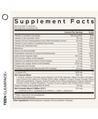 Teen Clearface Adolescent Face, Skin & Pimples, Vitamins A, C, D3, E, Pantothenic Acid, Niacin, Zinc Supplement Teenagers, 60 Capsules