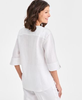 Women's 100% Linen Front-Bib 3/4-Sleeve Blouse, Macy's Exclusive
