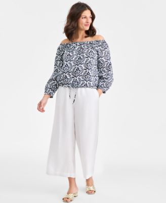 Women's 100% Linen Tile On-Off-Shoulder 3/4-Sleeve Top, Macy's Exclusive