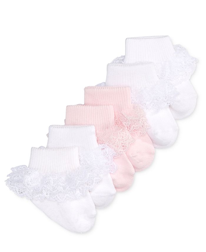 White Frilled Lace Baby Socks with White And Silver Ribbon Trim size 0-3 months 