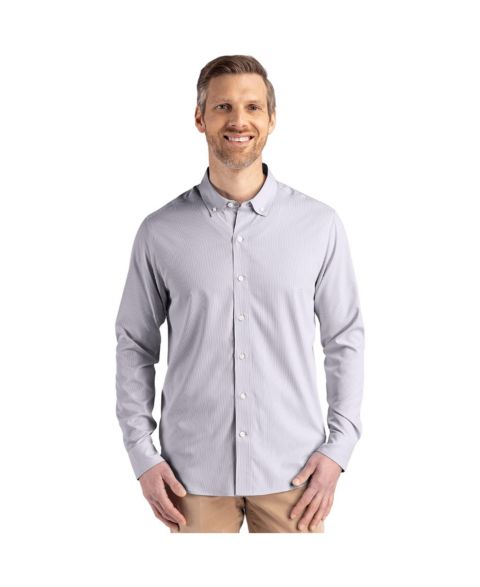 Мужская рубашка Cutter & Buck Skyline Epic Confidence Recycled Pinstripe Long Sleeve Dress Shirt, цвет: Серый / Белый