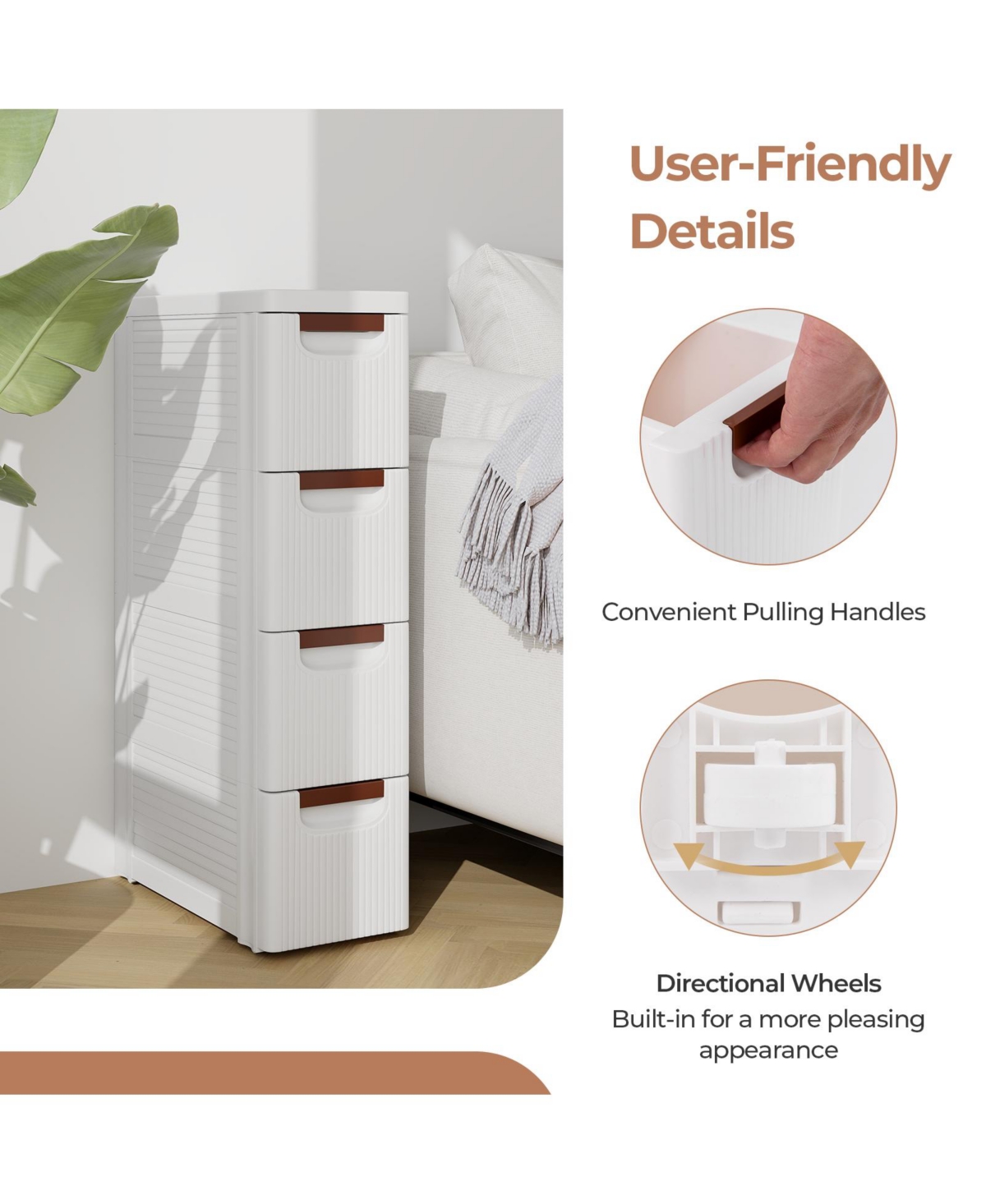 4-Drawer Rolling Organizer Unit Narrow Storage Cabinet with Built-In Wheels for Small Space