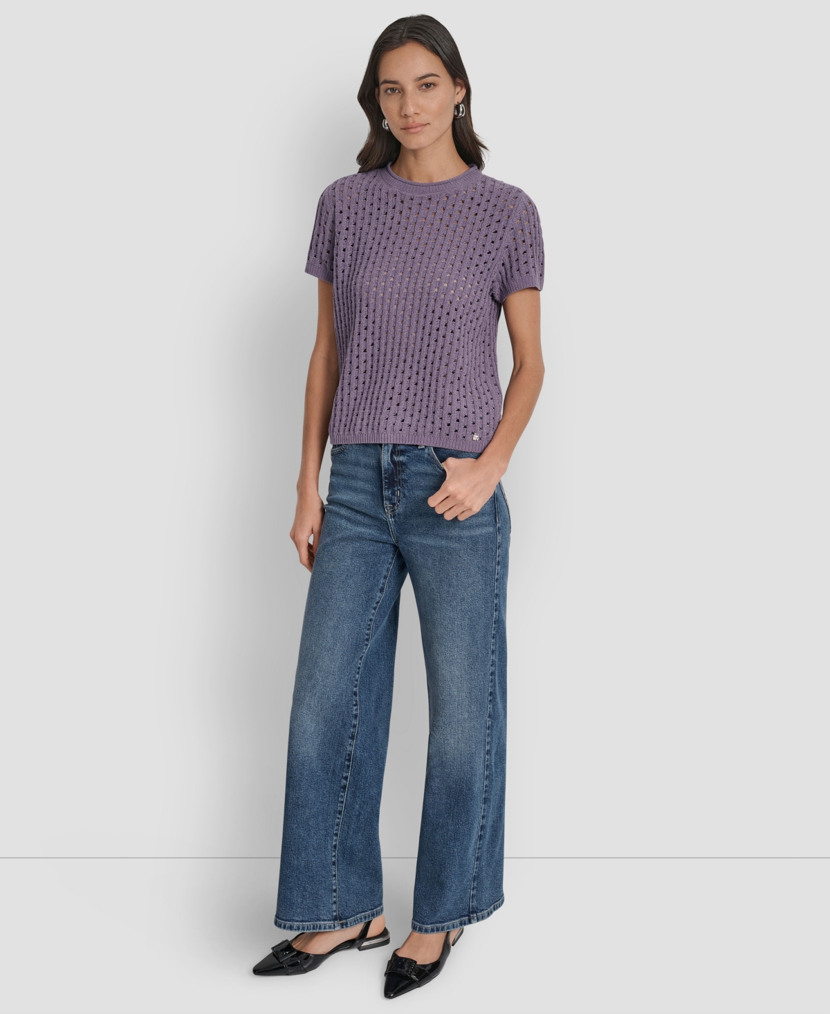 Dkny Jeans Women's Open Stitch Crewneck Short-sleeve Sweater In Purple
