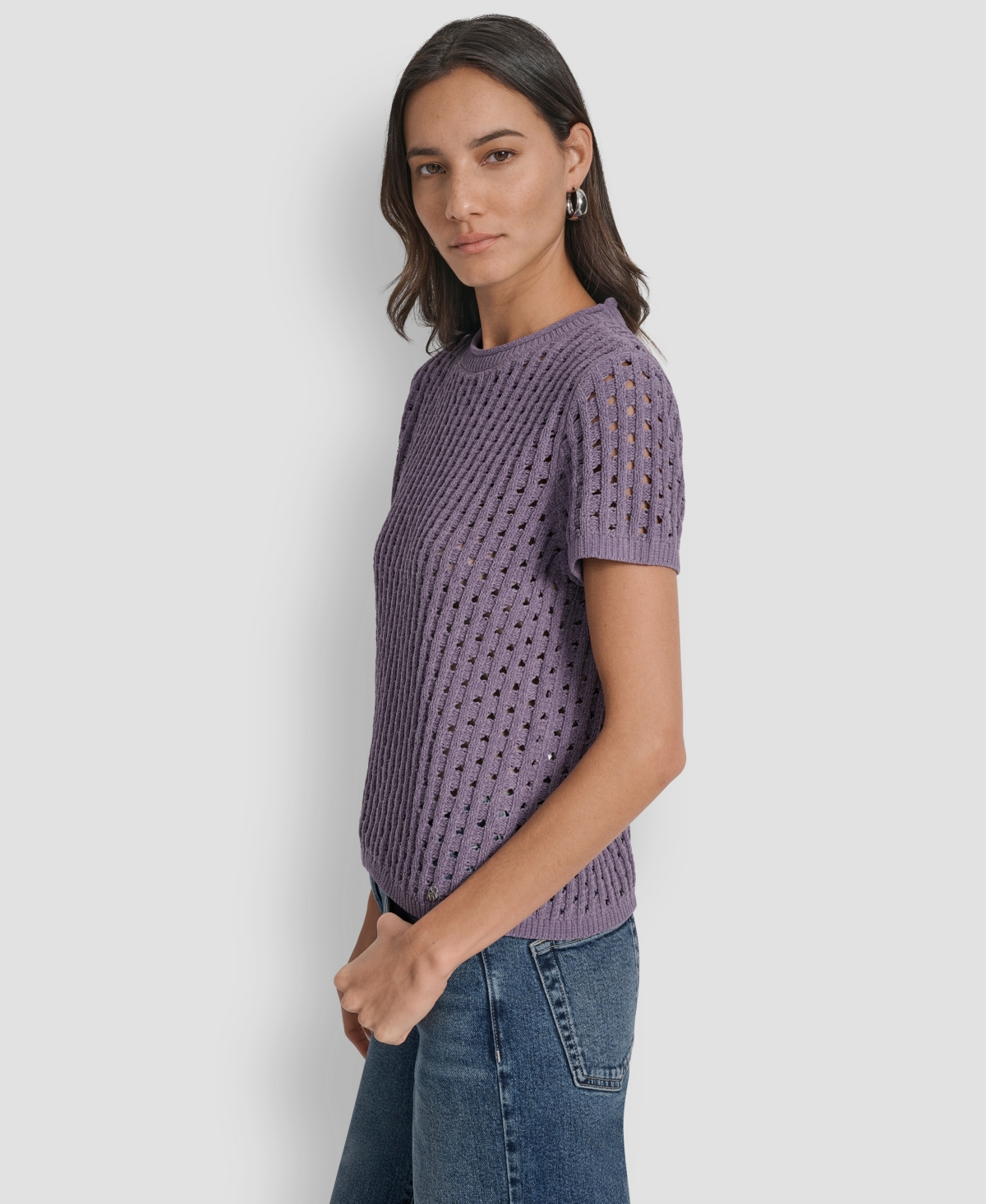 Dkny Jeans Women's Open Stitch Crewneck Short-sleeve Sweater In Purple