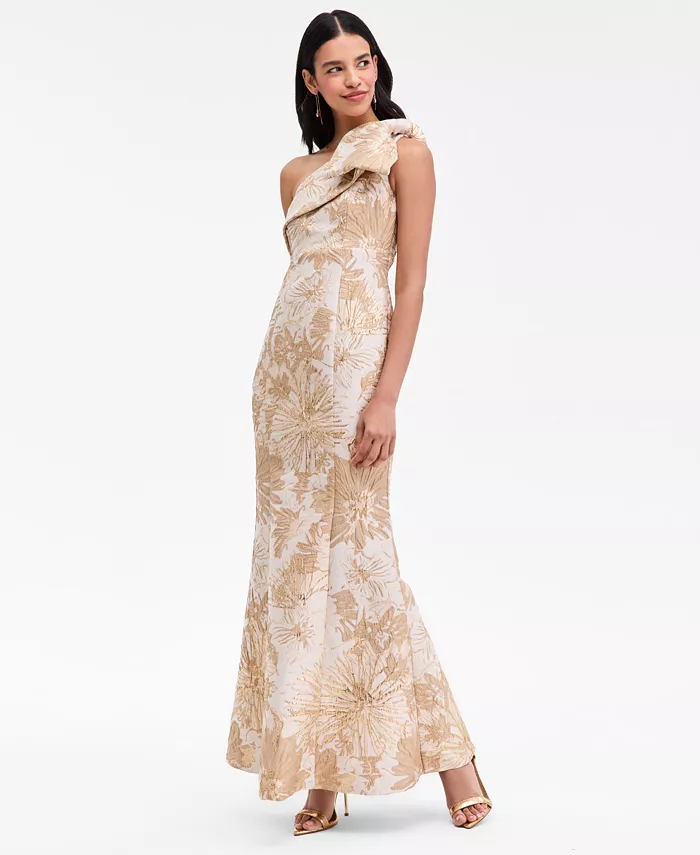 Women's Jacquard Bow-Trim One-Shoulder Gown