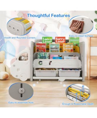 3-Tier Kids Toy Storage and Bookshelf with 2 Storage Boxes Decorative Car Head