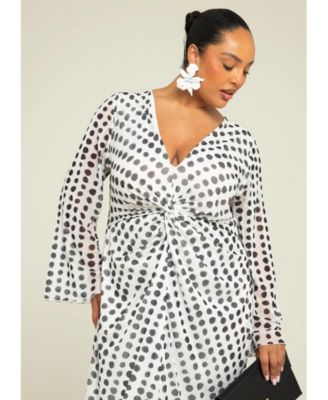 Women's Long Sleeve V-Neck Polka Dot Midi Dress