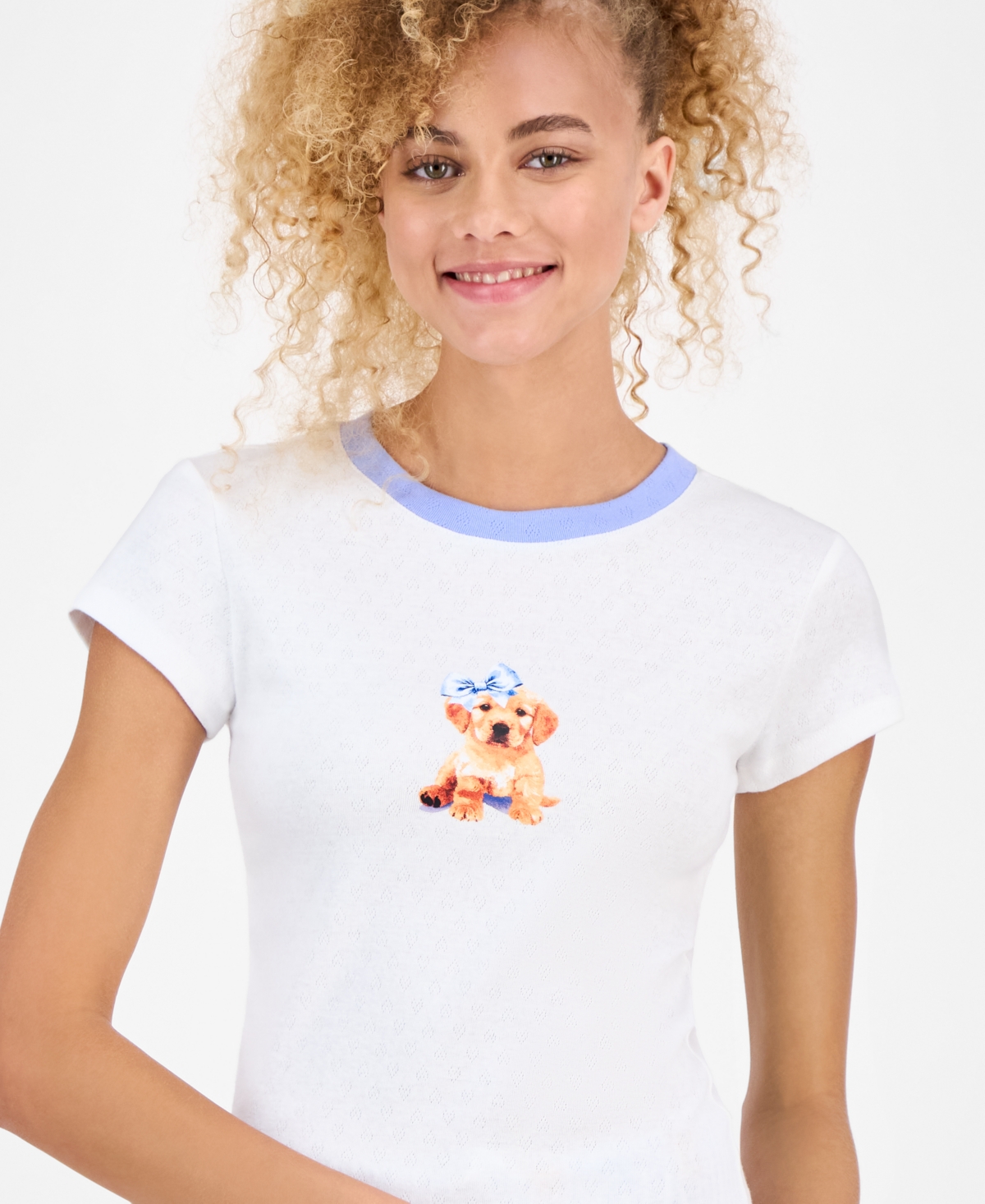Just Polly Juniors' Pointelle Short-sleeve Top In White