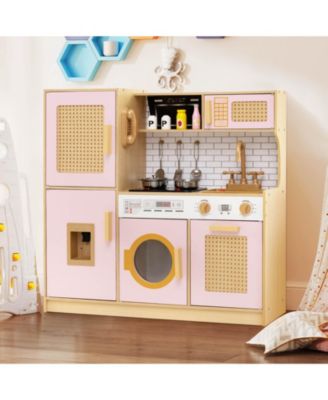 Wooden Kids Kitchen Playset Pretend Play Kitchen with Real Sounds Lights